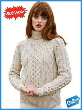100% Merino Wool Irish Cable Knit Turtleneck Sweater Pullover Jumper